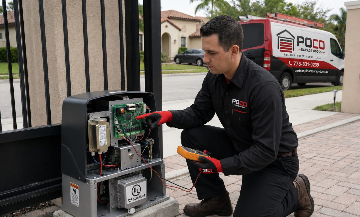POCO Garage Doors technician programming a LiftMaster universal receiver on a residential gate operator in Coquitlam