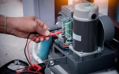 POCO Garage Doors technician wiring a LiftMaster universal gate receiver into a sliding gate operator control board in Coquitlam