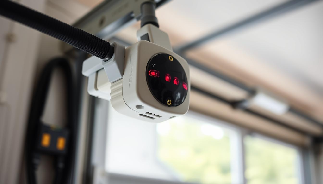 Close-up of a garage door opener photo-eye safety sensor mounted near the floor with red and amber LED indicators — the most common cause of a garage door that will not close