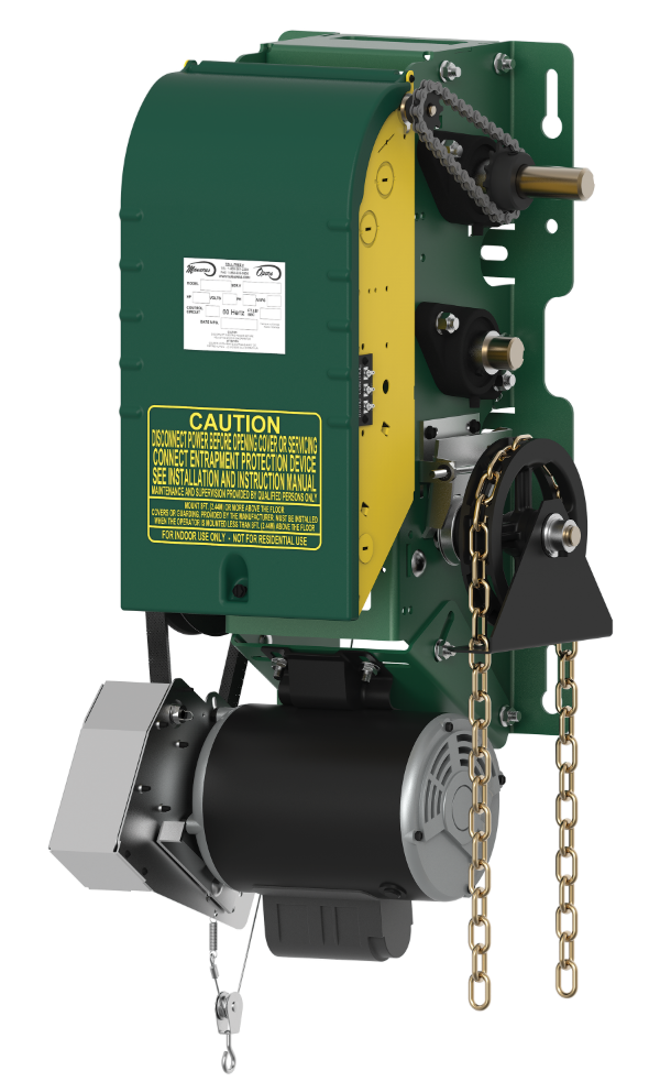 Manaras OSJ ultra-heavy-duty industrial jackshaft commercial garage door operator on a Port Moody warehouse loading-bay door, serviced by POCO Garage Doors